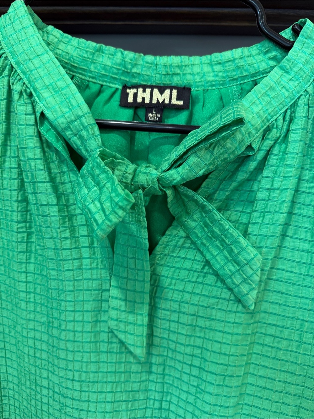 THML Bright Green Tie-Neck Ruffled Hem Dress - Picture 2 of 3